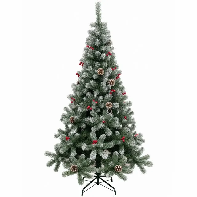 Arbol de Navidad Pino Nevado 180cm con Adorno de Piña Frutos Rojos y Nieve