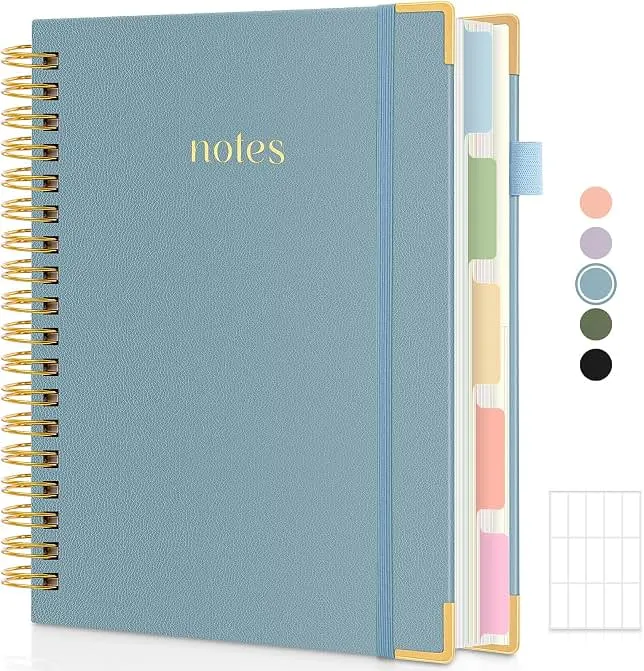 SKYDUE 5 Subject Notebook with Dividers and Tabs, 8" x 10" College Ruled Notebook for Work, 300 Pages Spiral Journal for Women, Blue