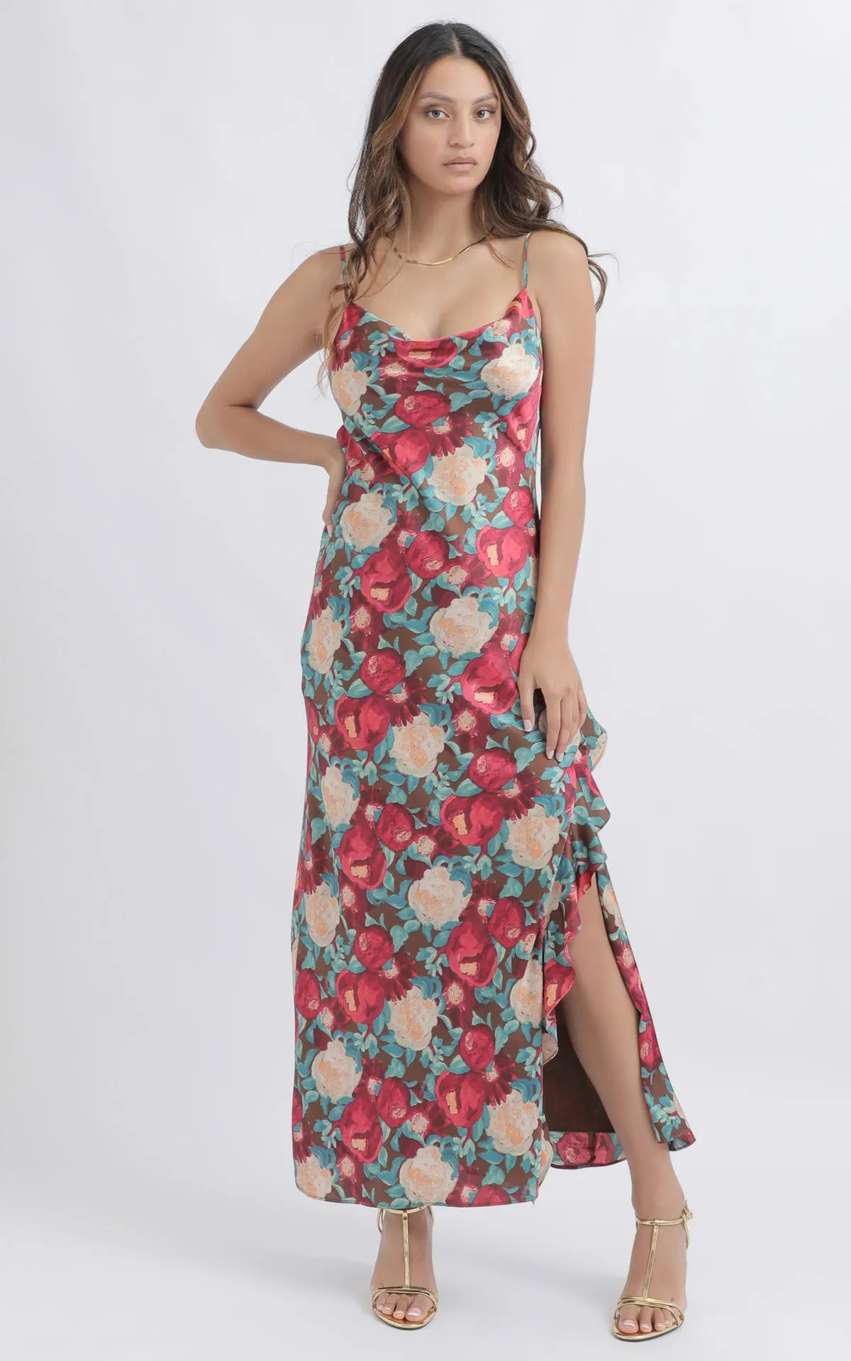 Satin Bias Ruffle Split Maxi