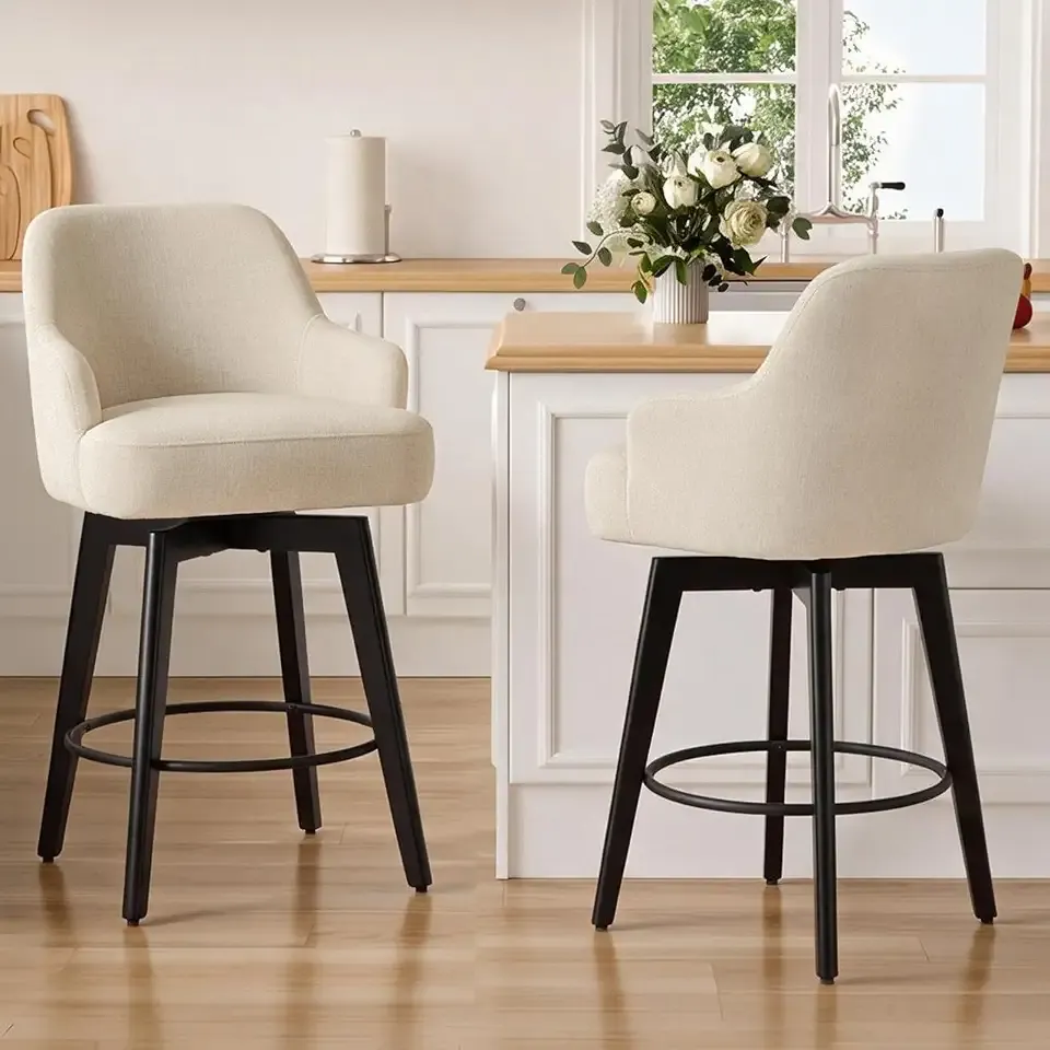 Furniliving 26‘’ Swivel Counter Height Bar Stools Set of 2, Upholstered Linen Bar Stools with Solid Wood Legs & Back, 360° Swivel Bar Chairs for Kitchen Island, Home Bar, Beige