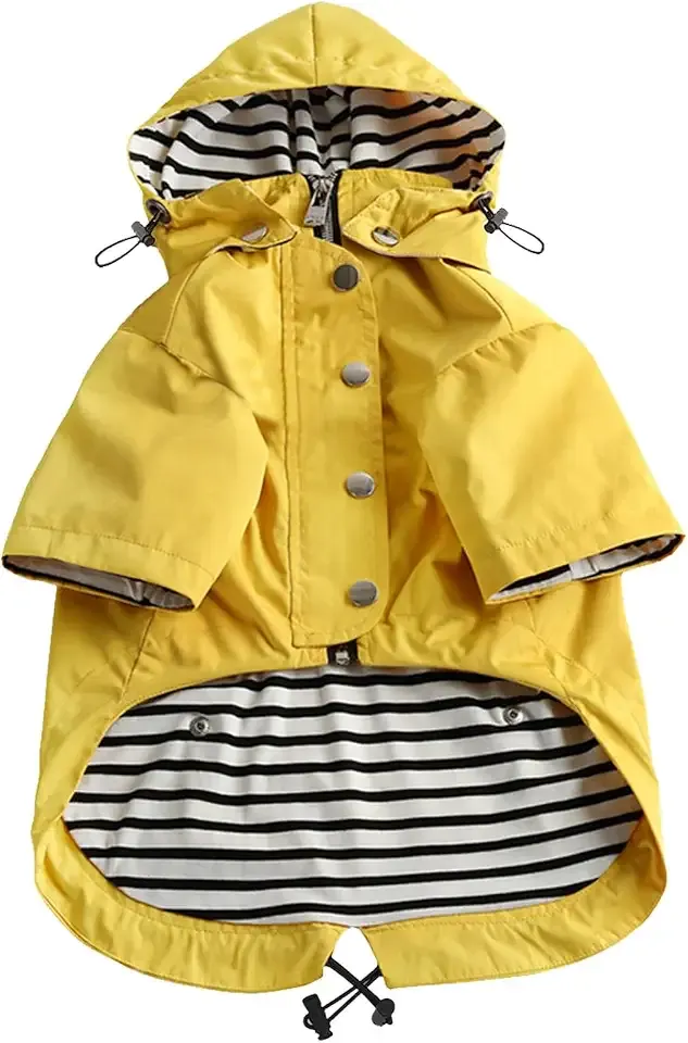 Dog Zip Up Raincoat with Reflective Buttons, Rain/Water Resistant, Adjustable Drawstring, Removable Hood, Raincoats with Legs 8lbs to 80lbs Available - Yellow - Medium