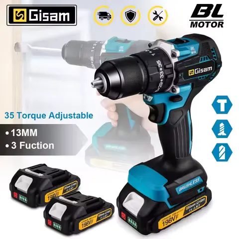 Gisam 13mm 35+3 Torque Brushless Electric Impact Drill Cordless Drill Electric Screwdriver Power Tool For Makita 18V Battery Pin