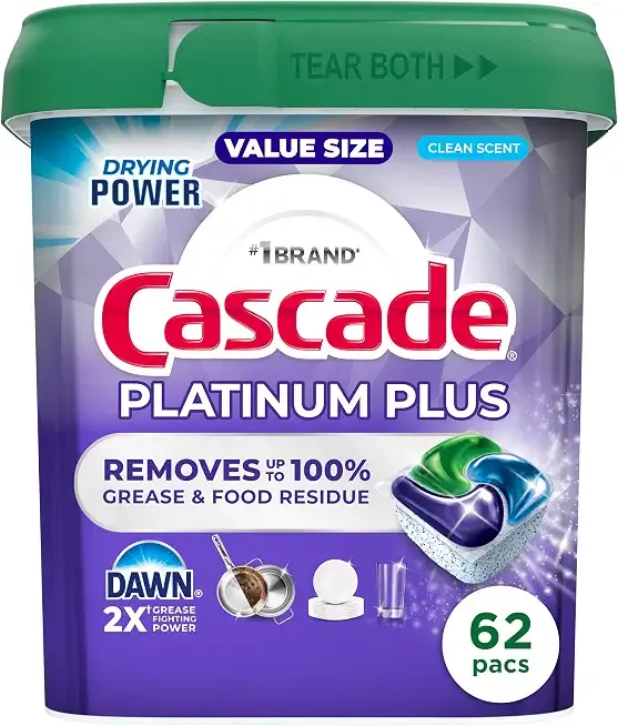Cascade Platinum Plus Dishwasher Pods, Dish Detergent Soap, Clean Scent, 62 Count
