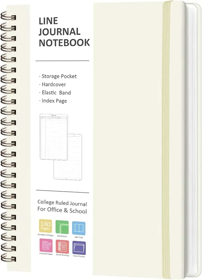 VALOME Journaling Notebooks, A5 Lined Spiral Notebook for Women & Men, 146 Pages College Ruled Hardcover Note Book for Work, Note Taking, Journaling, School, Writing (Beige)