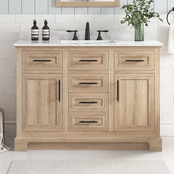 Home Decorators Collection Doveton 48 in. Single Sink Freestanding Weathered Tan Bath Vanity with White Engineered Marble Top (Assembled)