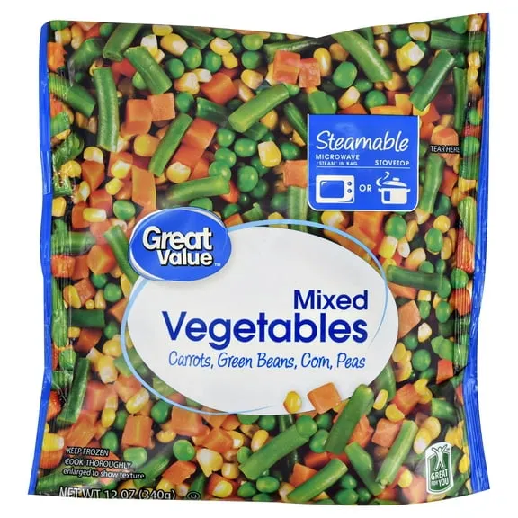 Great Value Mixed Vegetables, 12 oz Steamable Bag (Frozen) $0.98 8.2 ¢/oz
