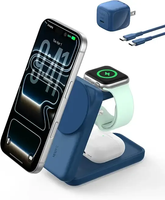 Belkin Qi2.2 25W Wireless 3 in 1 Foldable Fast Charging Station for iPhone | Fast Charigng, MagSafe Compatible, iPhone 17/16/15, Apple Watch, AirPods, Travel Charger, Magnetic