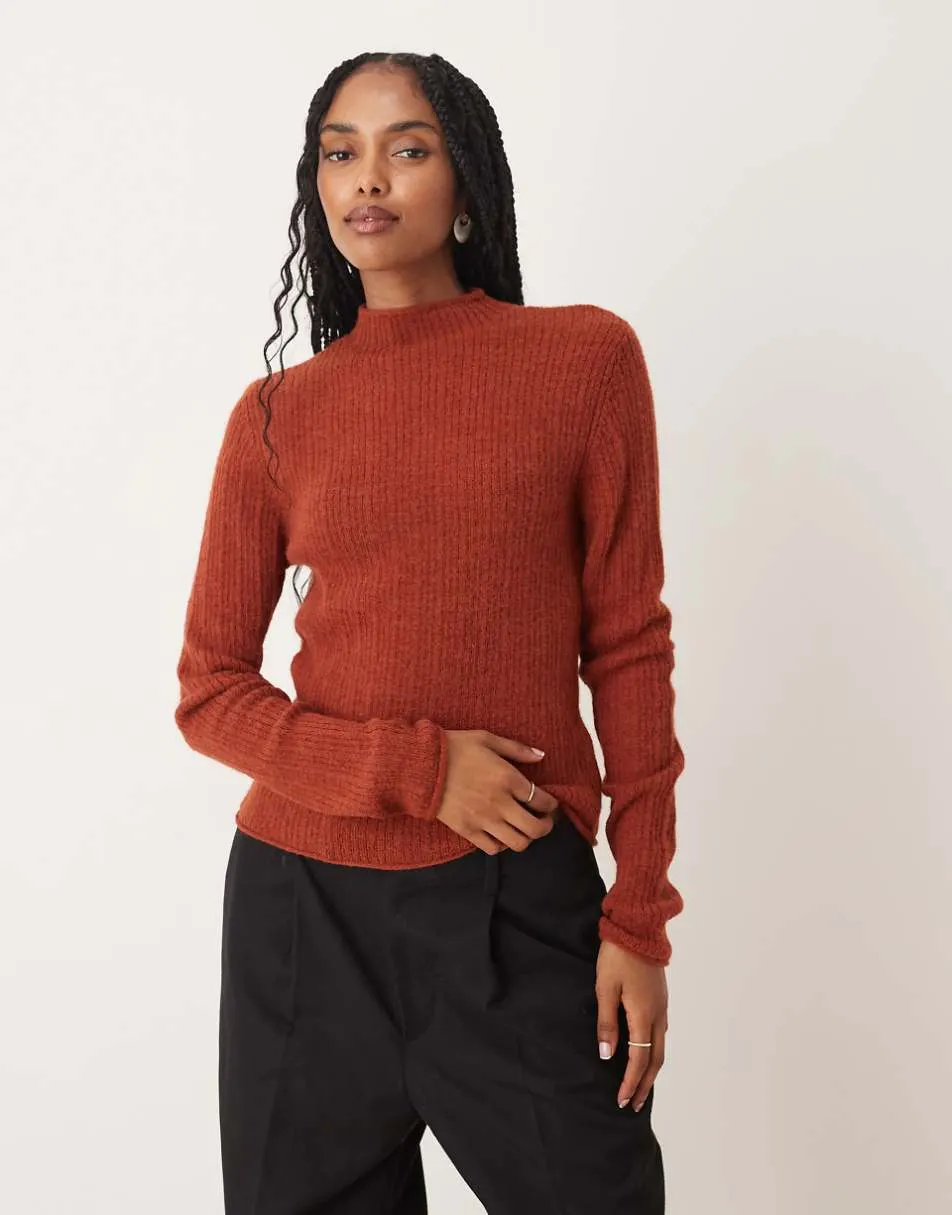 ASOS DESIGN knitted relaxed funnel neck top in rib in rust