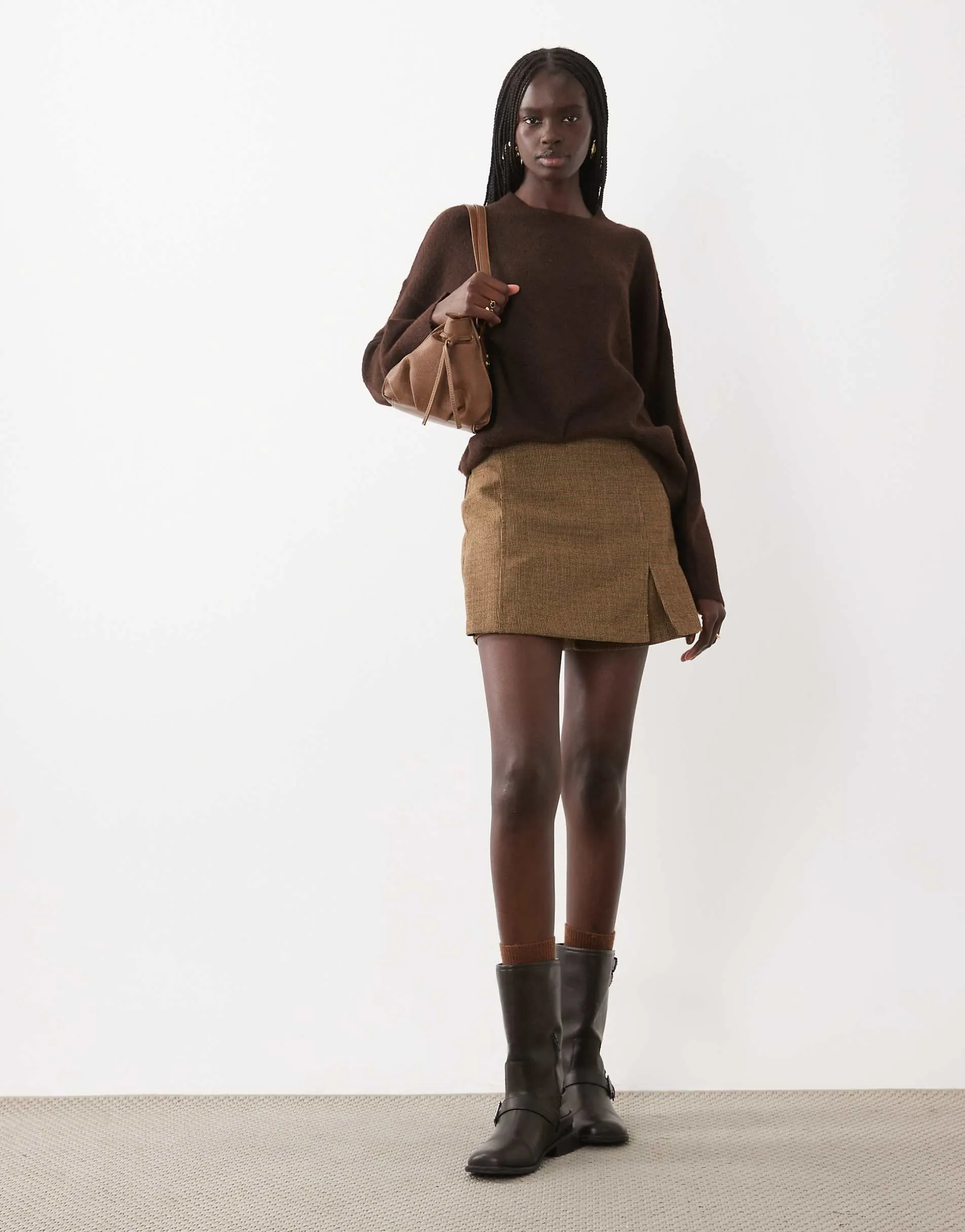 JDY oversized crew neck knit jumper in chocolate melange