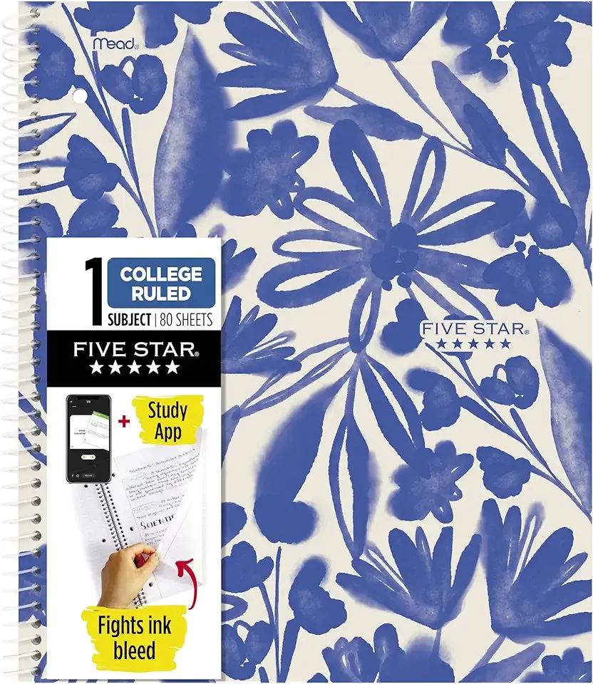 Five Star Spiral Notebook + Study App, 1 Subject, College Ruled Paper, 8-1/2" x 11", 80 Sheets, Fights Ink Bleed, Water Resistant Cover, Soft Petals Blue (820441F-ECM)