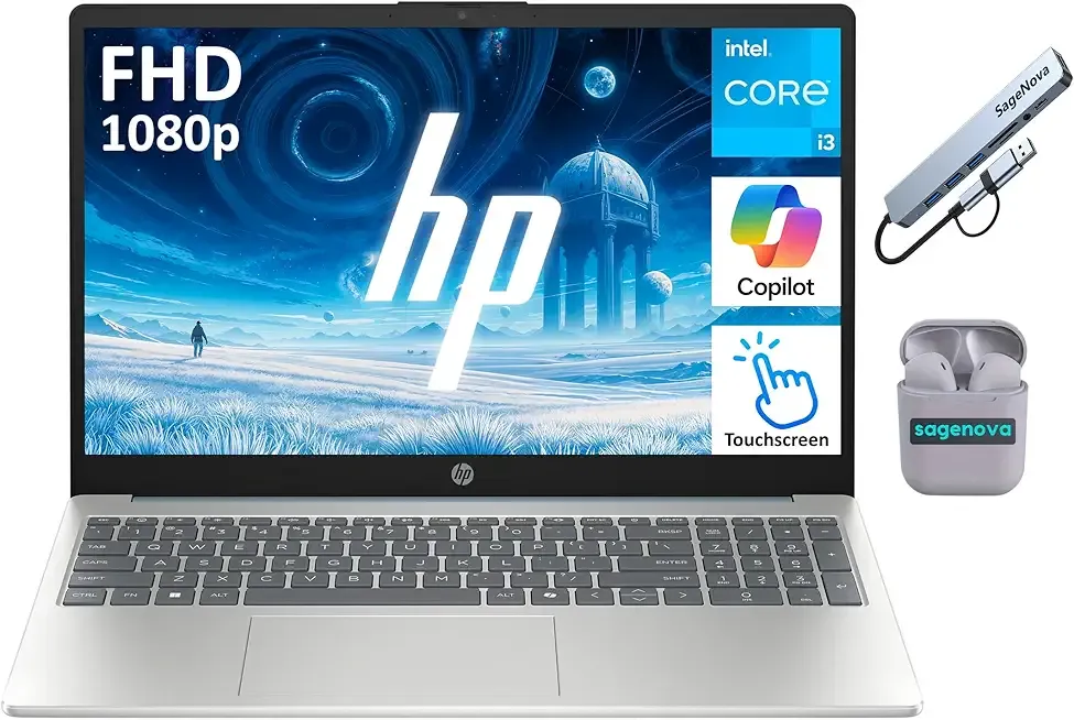 HP 15.6" FHD Touchscreen Laptop Computer, 16GB RAM 512GB Storage (256GB SSD+256GB Docking Station Set), 8-Core Intel Core i3 Processor, Windows 11 with Copilot AI, SageNova Earphones, Moonlight Blue
