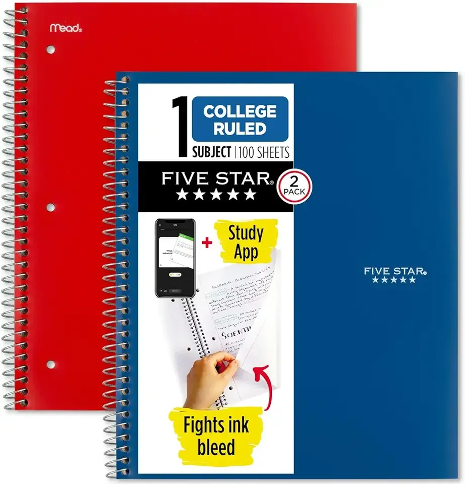 Five Star Spiral Notebook + Study App, 2 Pack, 1 Subject, College Ruled Paper, 100 Sheets, 8-1/2" x 11", Pacific Blue, Fire Red (38452)