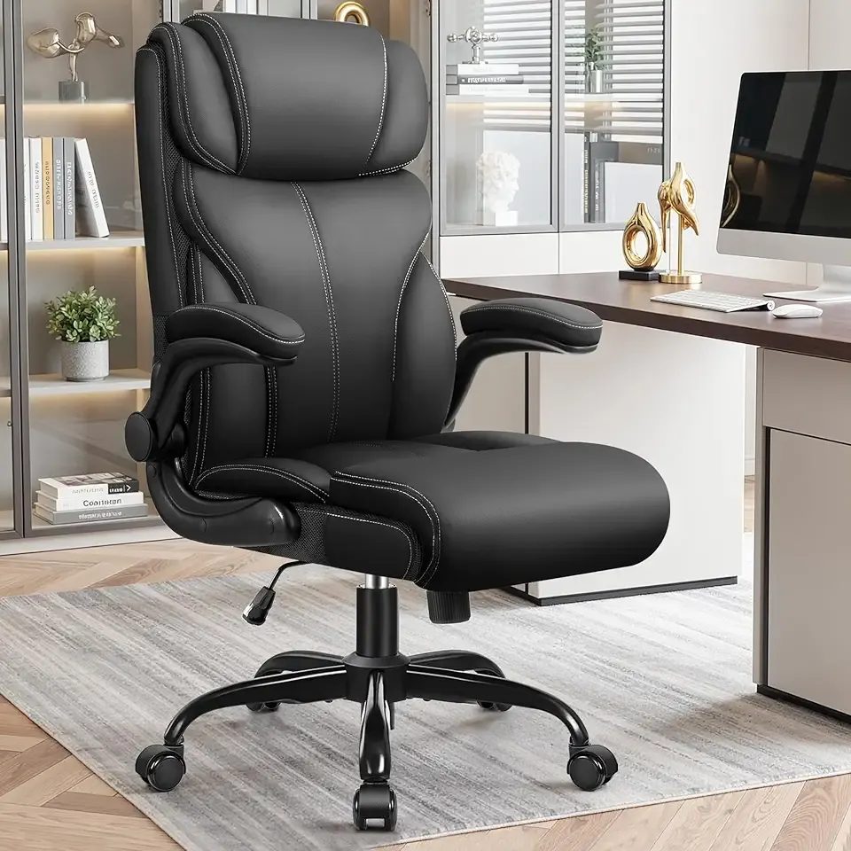 Primy Office Chair, Ergonomic Leather Desk Chair with Flip-up Armrests, Big and Tall High Back Executive Computer & Gaming Chair with Footrest, Comfy Padded, Rocking Function and Lumbar Support(Black)