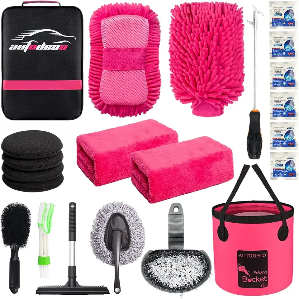 22Pcs Car Wash Cleaning Tools Kit Car Detailing Set with Canvas Bag Pink Collapsible Bucket Wash Mitt Sponge Towels Tire Brush Window Scraper Duster Complete Interior Car Care Kit