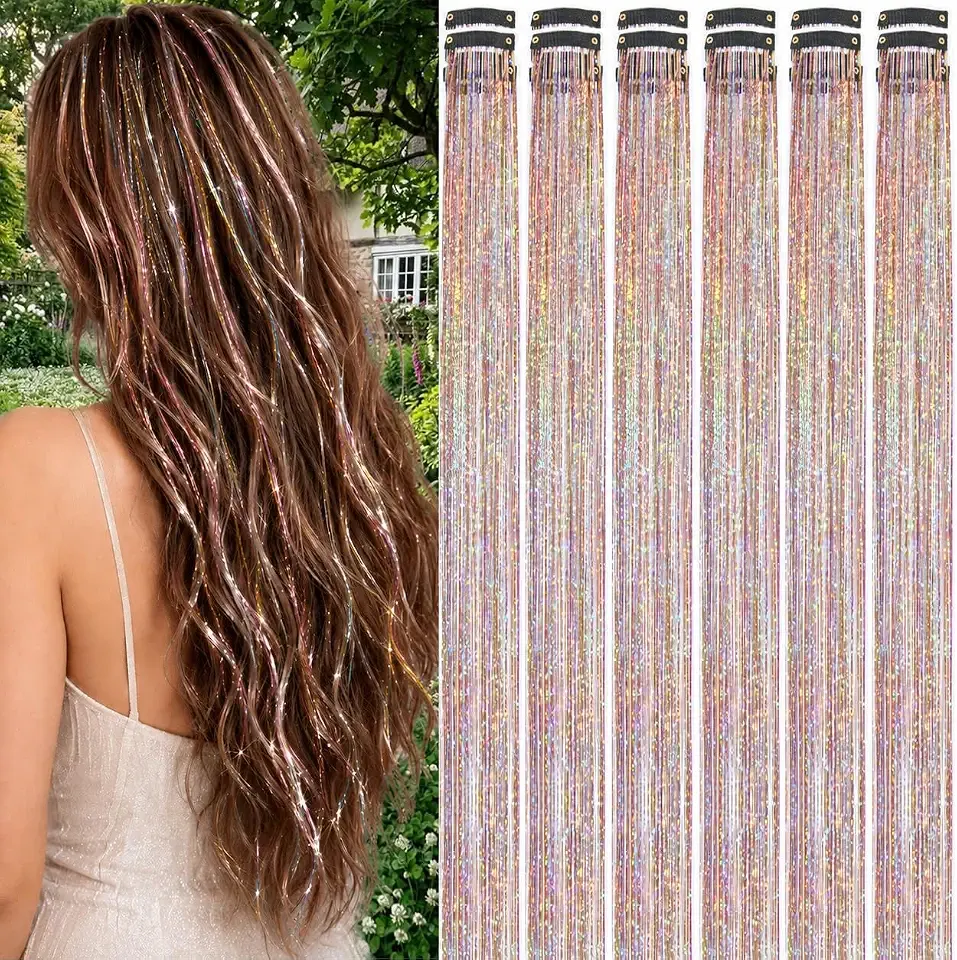 Hair Tinsel Clip In 18 Pcs Gold Silver Pink Fairy Tinsel Hair Extensions
