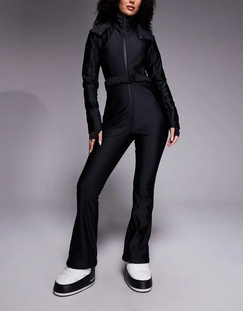 ASOS 4505 Hourglass Ski soft shell belted ski suit with slim kick leg and faux fur hood in black gloss