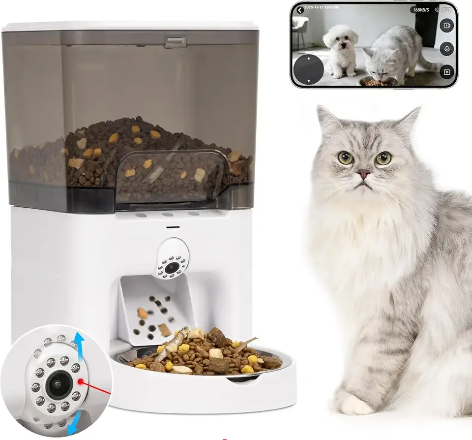 Automatic Cat Feeder with Camera, 5G/2.4G WiFi Automatic Dog Feeder, 2K HD Video and Night Vision, Remote Monitor & Feeding, Low Food Alerts,2-Way Audio, 6L Capacity, Gifts for Christmas