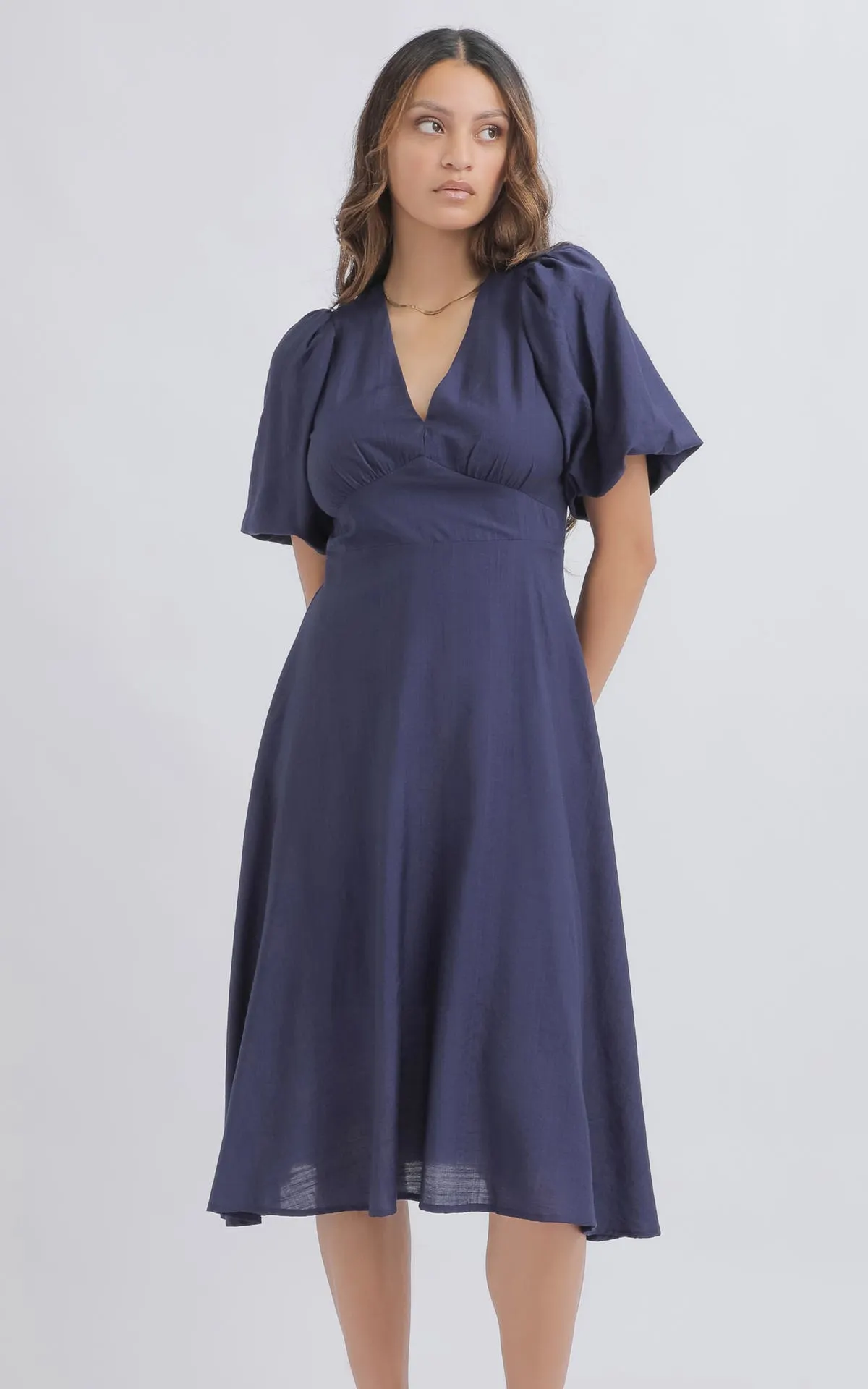 Voile V Neck Puff Sleeve Dress