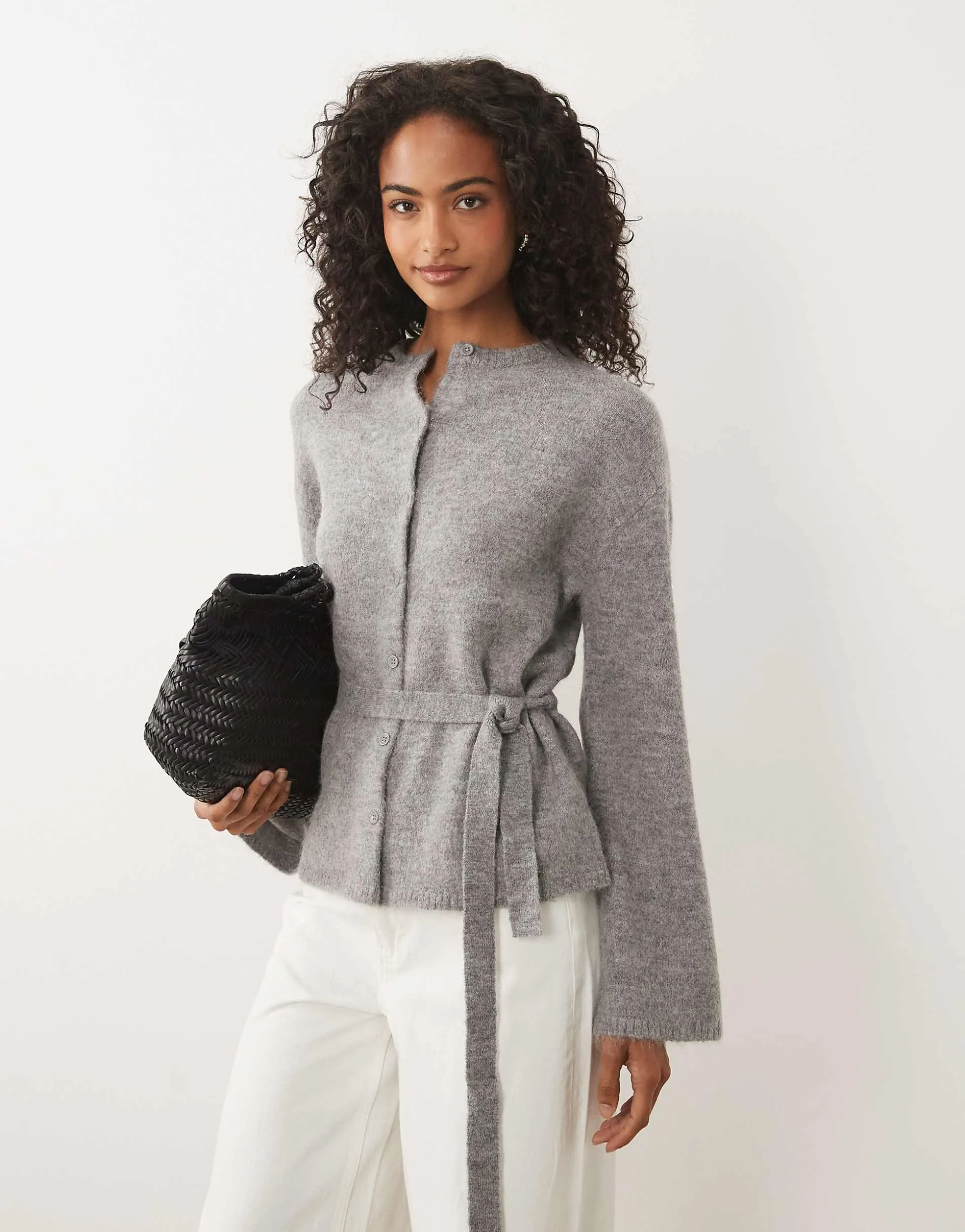 Gina Tricot wool alpaca knitted tie cardigan in mid grey melange