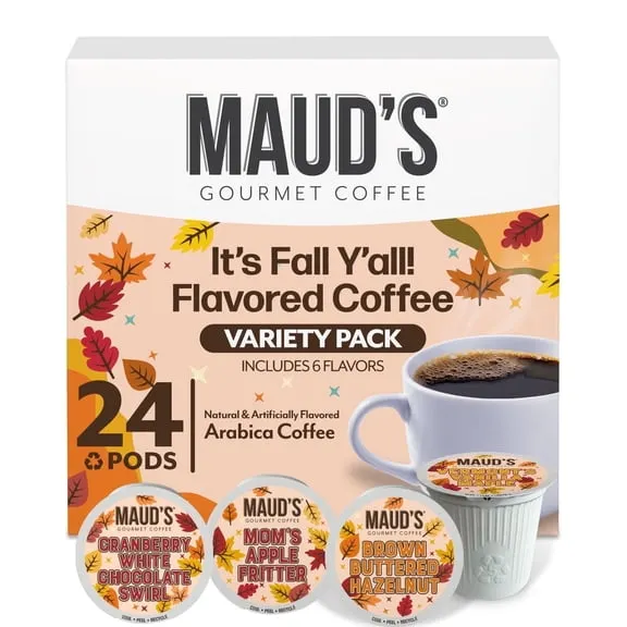 Maud's Fall Flavored Coffee Pods Variety Pack, 24ct, 6 Assorted Flavors, Medium Roast Coffee in Single Serve Pods 100% Arabica Beans, Compatible with Keurig K Cups Maker