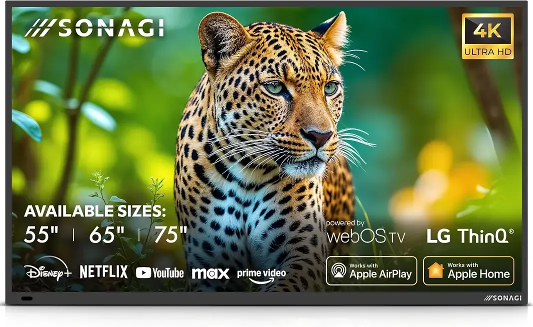 SONAGI Helios 75" Full Sun Outdoor TV,4K UHD Smart TV, 1000 Nit Anti-Glare | Weatherproof outdoor TV with IP65 protection by LG webOS with Wi-Fi, Bluetooth, streaming apps, and voice control