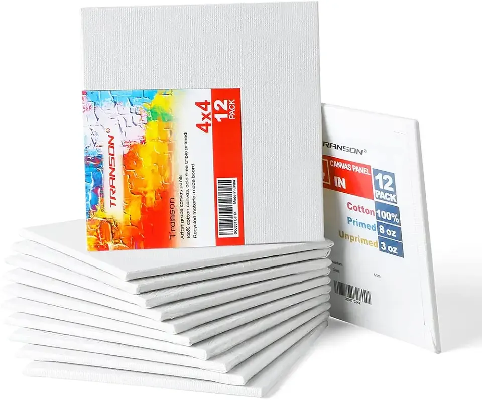 Transon 12 Pack 4x4 Inch Canvas Panel for Painting, with Heavy Duty MDF Backing Boards, 100% Cotton Acid-Free Primed for Kids Students Beginners Art Crafts