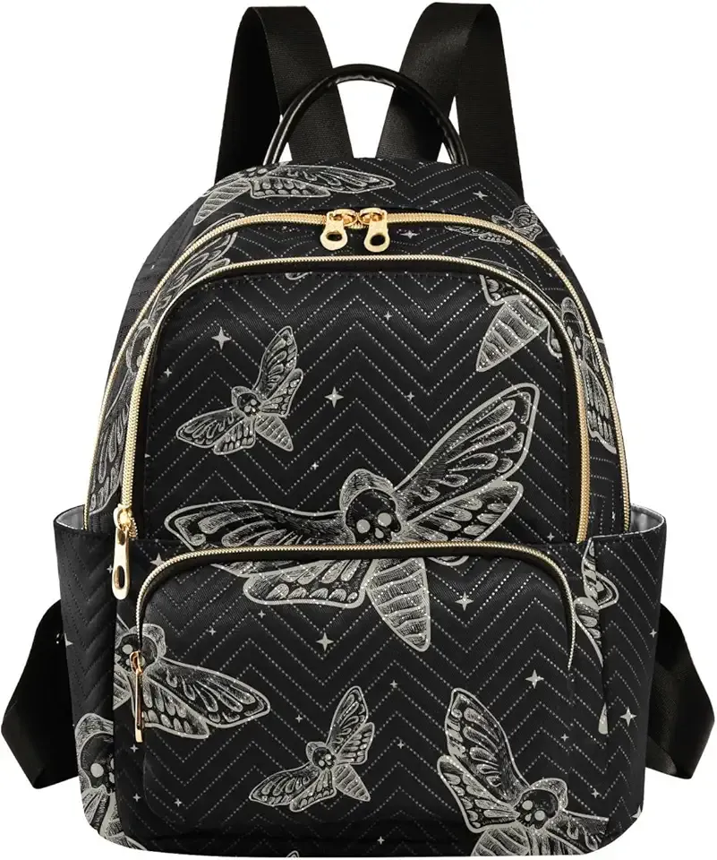 Mini Backpack Gothic Skull Butterfly Moth Fashion Backpack Purse for Women,Handbag Shoulder Bag Casual Daypack, Ladies Gift for College Work (S)