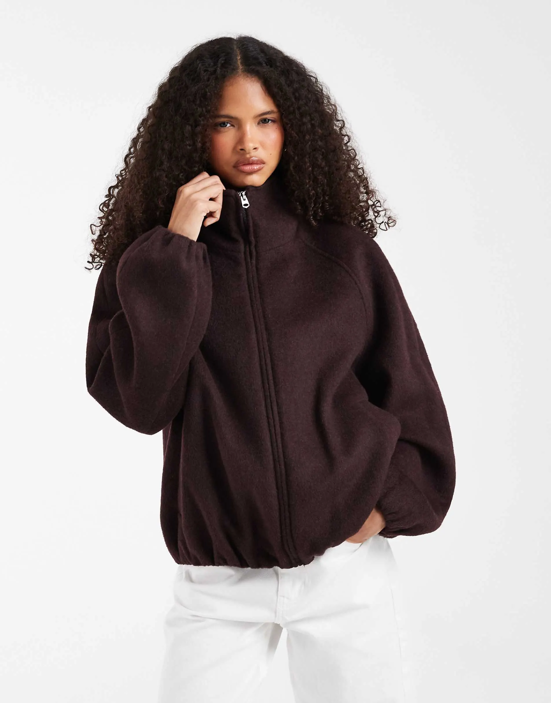 ASOS DESIGN funnel neck bubble hem jacket with wool in plum