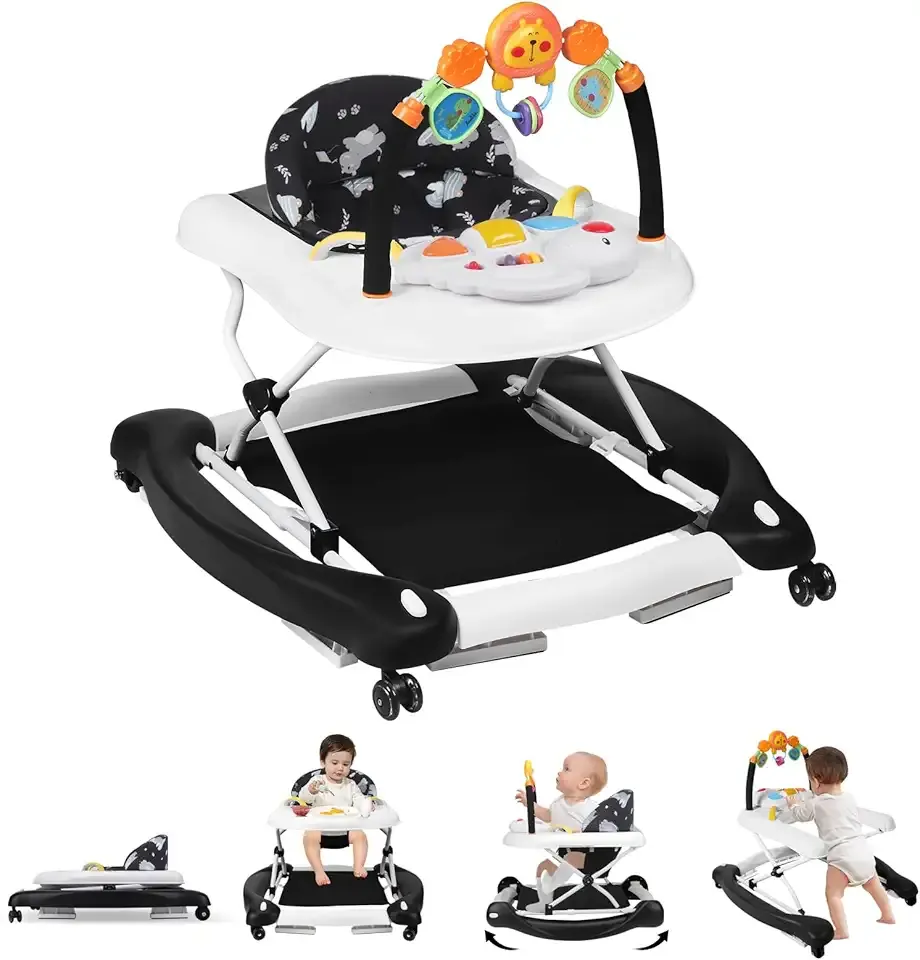 Baby Walker, 5 in 1 Baby Walkers for Boys Girls 6-12 Months, Foldable Walkers for Babies with Bouncer & Feeding Tray, Music, Adjustable Heights, Activity Walker for Infant