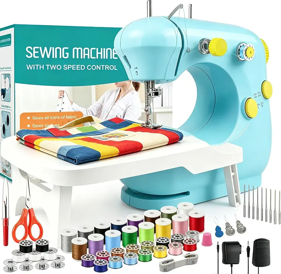 Sewing Machine for Beginners, Electric Mini Sewing Machine for Mending & DIY Crafts, Dual Speed Small Portable Sewing Machine with Full Sewing Kits, Foot Pedal & Extension Table, Great for Kids&Adults