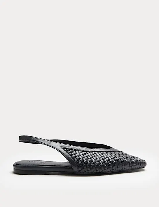 Leather Woven Flat Slingback Shoes
