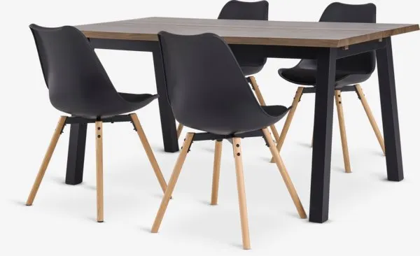 SKOVLUNDE + KASTRUP SKOVLUNDE L160 tafel donker eiken + 4 KASTRUP zwart/eiken