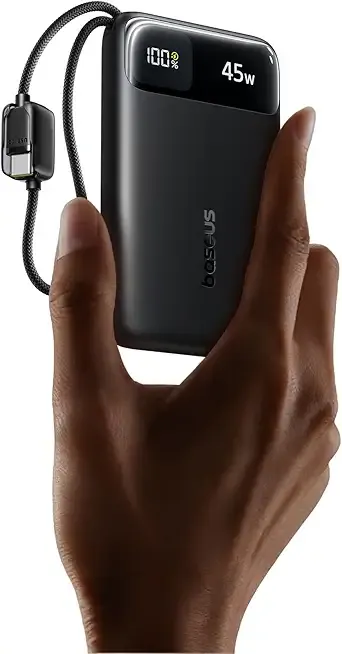 Baseus 45W Ultra Slim 10000mAh Power Bank Built-in USB-C Cables, CCC Certified Portable Charger, Travel Essential Fast Charging Pocket Size Phone Battery Pack for iPhone 17 16 Samsung S25 S24 iPad