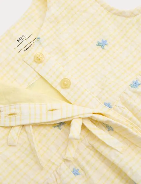 Pure Cotton Gingham Floral Dress with Bows (0–5 J.)
