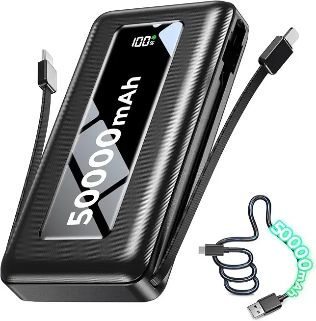 Portable Charger Power Bank 50000mAh, 22.5W PD Fast Charging Battery Pack with Built-in USB-C/iOS Cables, Flashlight, Camping Travel Essential for iPhone 17/16/15, MacBook, Samsung - Ebony