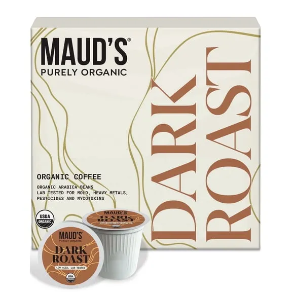 Maud's Purely Organic Low Acid Dark Roast Coffee Pods - 16ct | Lab tested for Mold, Mycotoxins, Heavy Metals & Pesticides | Compatible with Keurig K Cups Maker