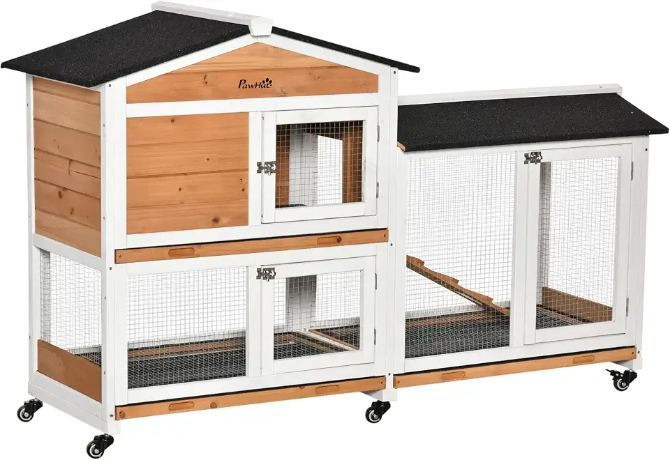 PawHut 62" Rabbit Hutch with Wheels for Rabbits, Chickens, Ducks, Nature | Wooden Bunny Hutch, Guinea Pig Cage, Small Animal Enclosure, Run Area, Removable Tray, Asphalt Roof, Lockable Doors & Ramp