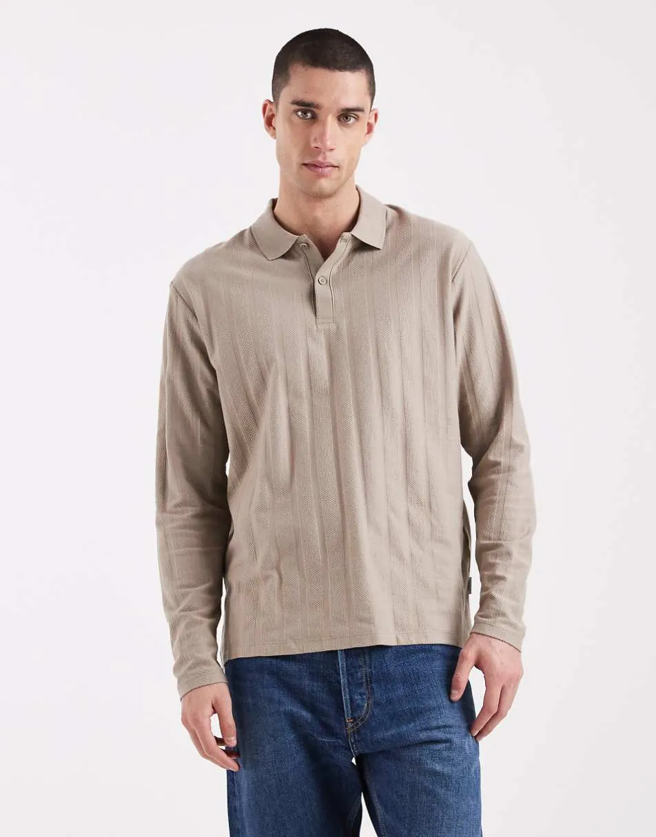 JJ Rebel textured long sleeve polo in beige