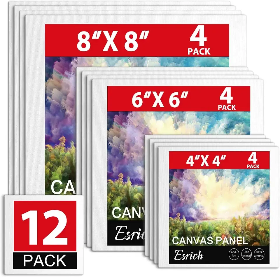 ESRICH Canvas Boards for Painting 12 Pack Canvas for Painting 4x4, 6x6, 8x8 Blank Canvases for Painting-Cotton Primed Painting Canvas Panels for Acrylic, Oil, Gouache & Tempera.