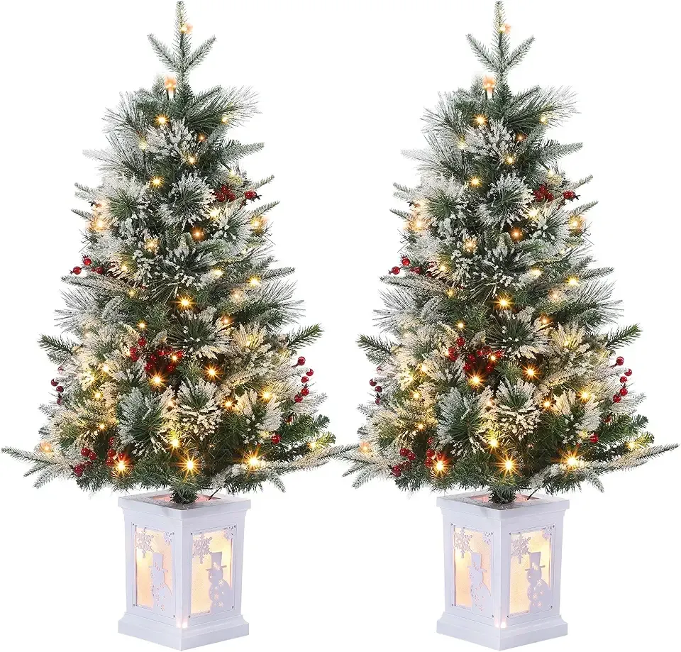 3 Ft Pre-Lit Christmas Tree, 2 Set Artificial Christmas Trees with Lighting Snowman Base, Snow Flocked Xmas Trees with 78 Led Lights, Battery Operated and Timer Function, Christmas Decoration