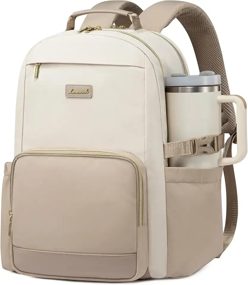 Laptop Backpack for Women with Pouch Pocket for Large Capacity Cup,15.6 Inch Laptop Computer Bag Travel Backpack Purse,Waterproof Work Business Backpack College Teacher Bags,Beige-Khaki