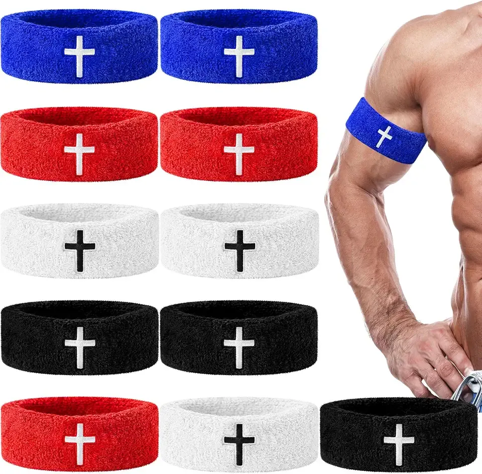 12 Pcs Arm Bands with Cross Embroidery Moisture Wicking, Machine Washable Bicep Bands Show Faith, Stay Dry Armband Wristbands for Men Women in Football, Baseball, Rugby, Basketball