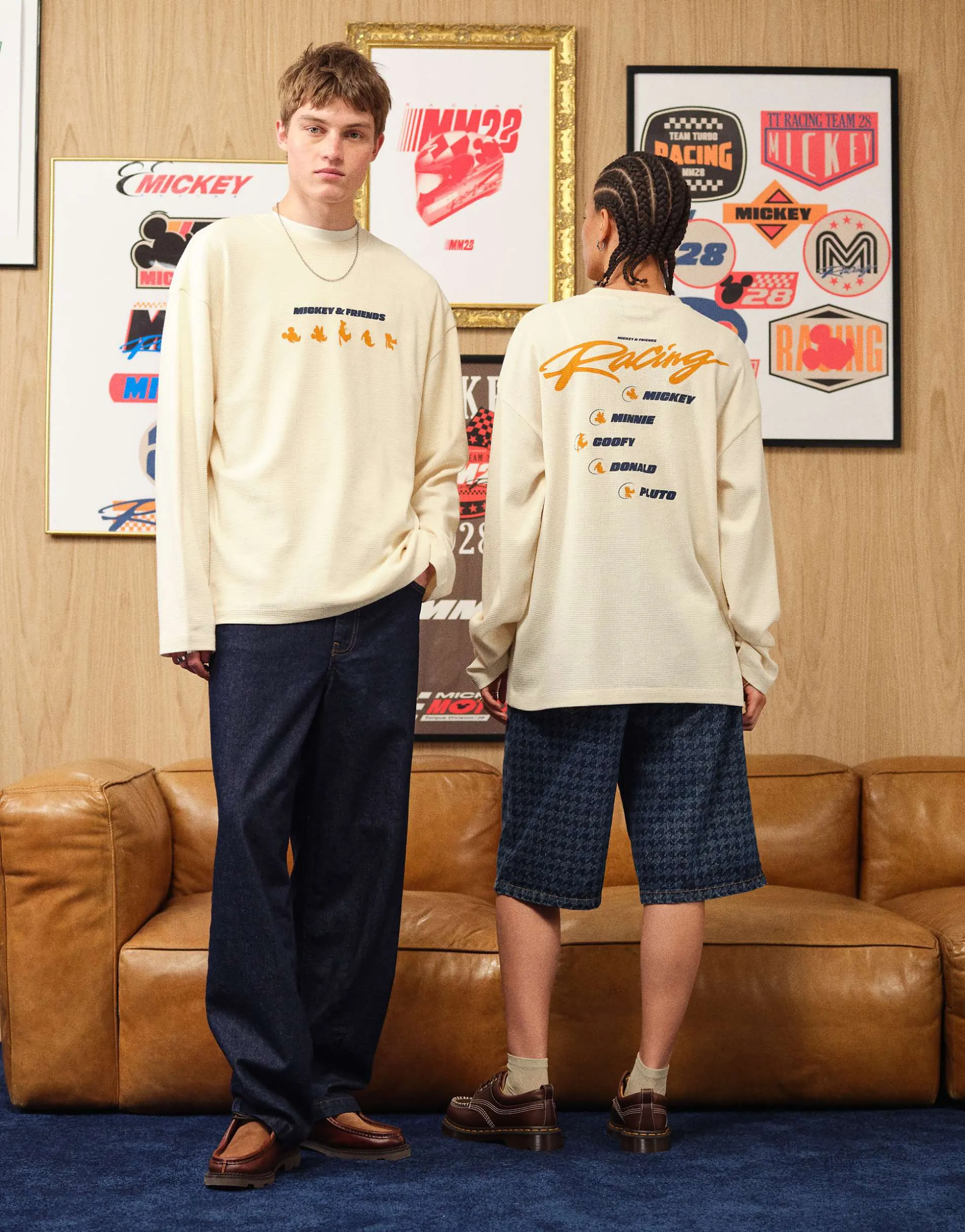ASOS DESIGN Disney racing oversized long sleeve t-shirt with Mickey print in ecru