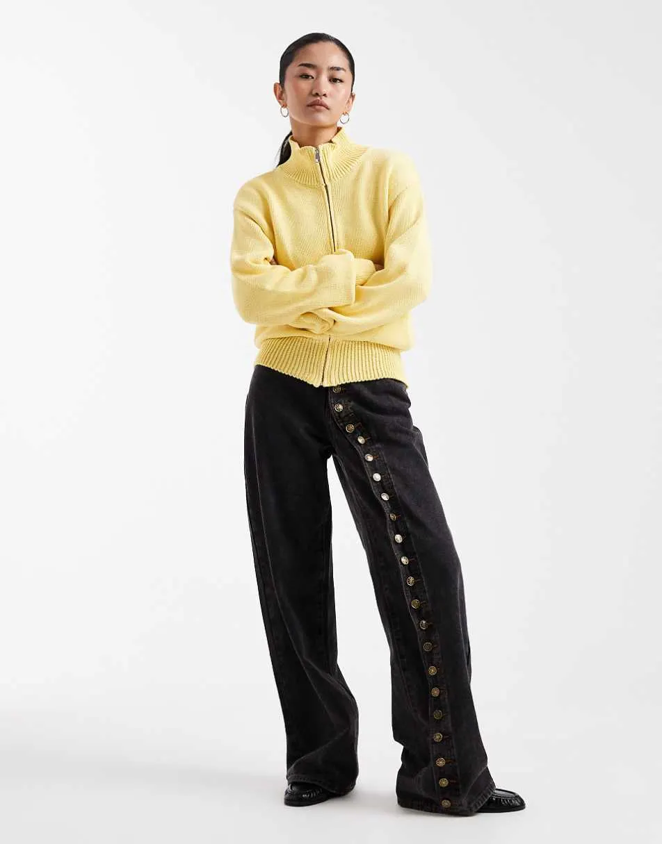 ASOS DESIGN knitted cotton blend funnel neck zip up cardigan in buttermilk