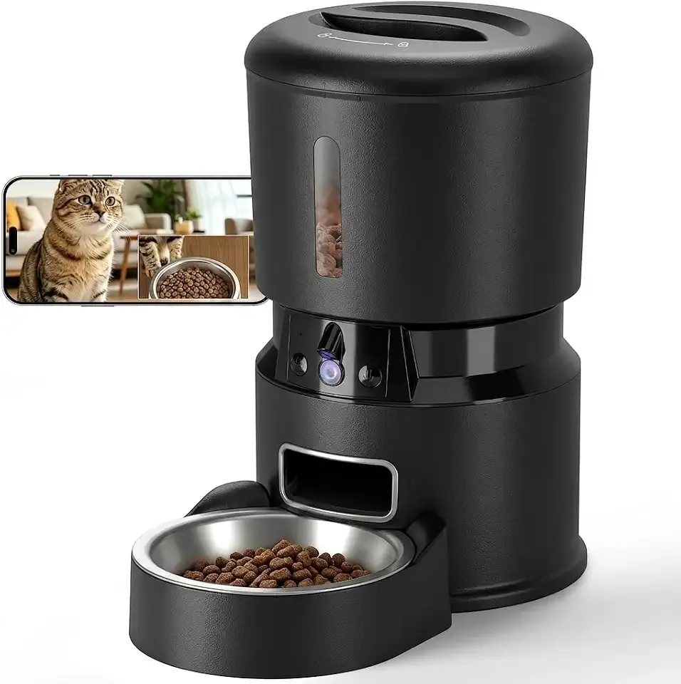 Automatic Cat Feeder with 2K Dual Cameras, 5G WiFi Smart Cat Food Dispenser with Night Vision 4MP, 2-Way Audio, App Control, 4L Auto Pet Feeder for Cats, Small Dogs Black
