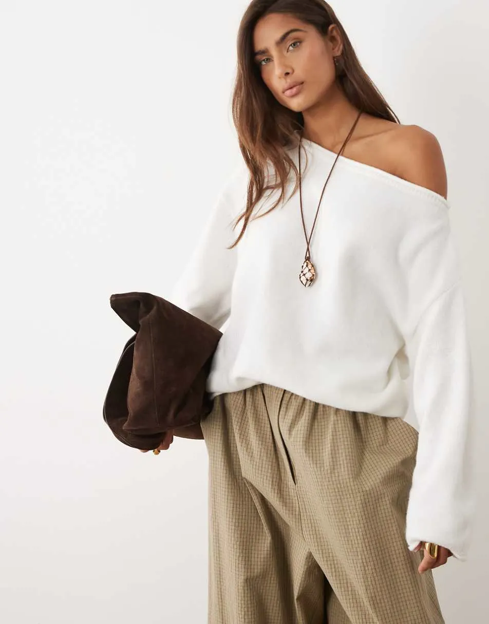 ASOS DESIGN slouchy off the shoulder jumper with wool in cream