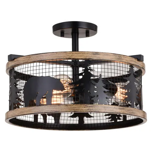 Patriot Lighting® Kodiak Black and Burnished Teak 3-Light Semi-Flush Ceiling Light