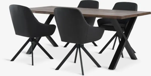 ROSLEV L200 tafel donker eiken + 4 ROSTRUP stoelen zwart