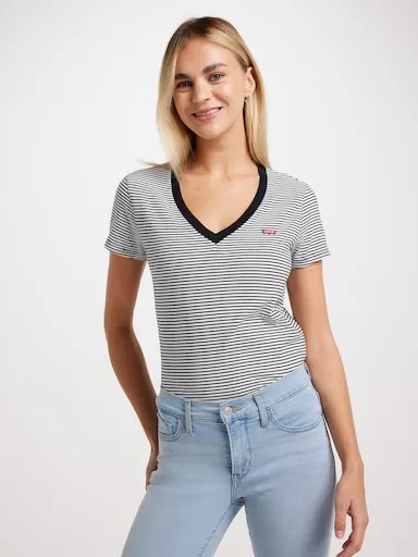 Levi's Perfect Hm V Neck In Annalise Stripe Cloud Dancer