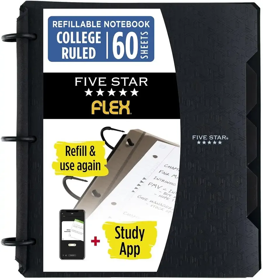 Five Star Flex Refillable Notebook + Study App, College Ruled Paper and 1 Inch TechLock Ring Binder with Pockets, Tabs and Dividers, 200 Sheet Capacity, Black (29328AA2)